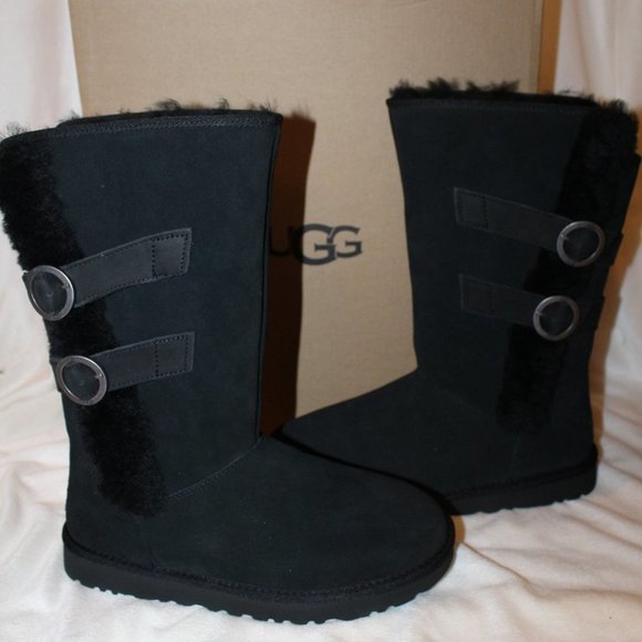 NIB UGG WOMEN'S TALL MOTO SUEDE SPILL SEAM SHEARLING BUCKLE BOOTS BLACK - Picture 2 of 8